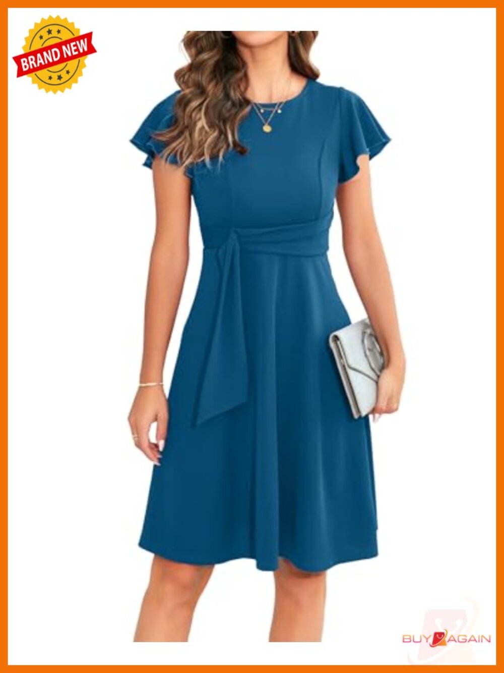 Womens Cocktail Dress Ruffle Sleeve A-Line Fit and Flare Knee Length Polyester